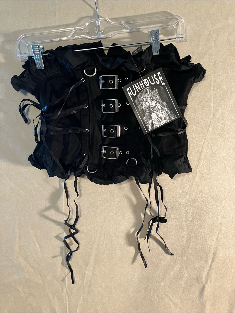 NWT Funhouse Women's Black Corset Goth Pirate Alt Victorian Lace Up Ruffle XS